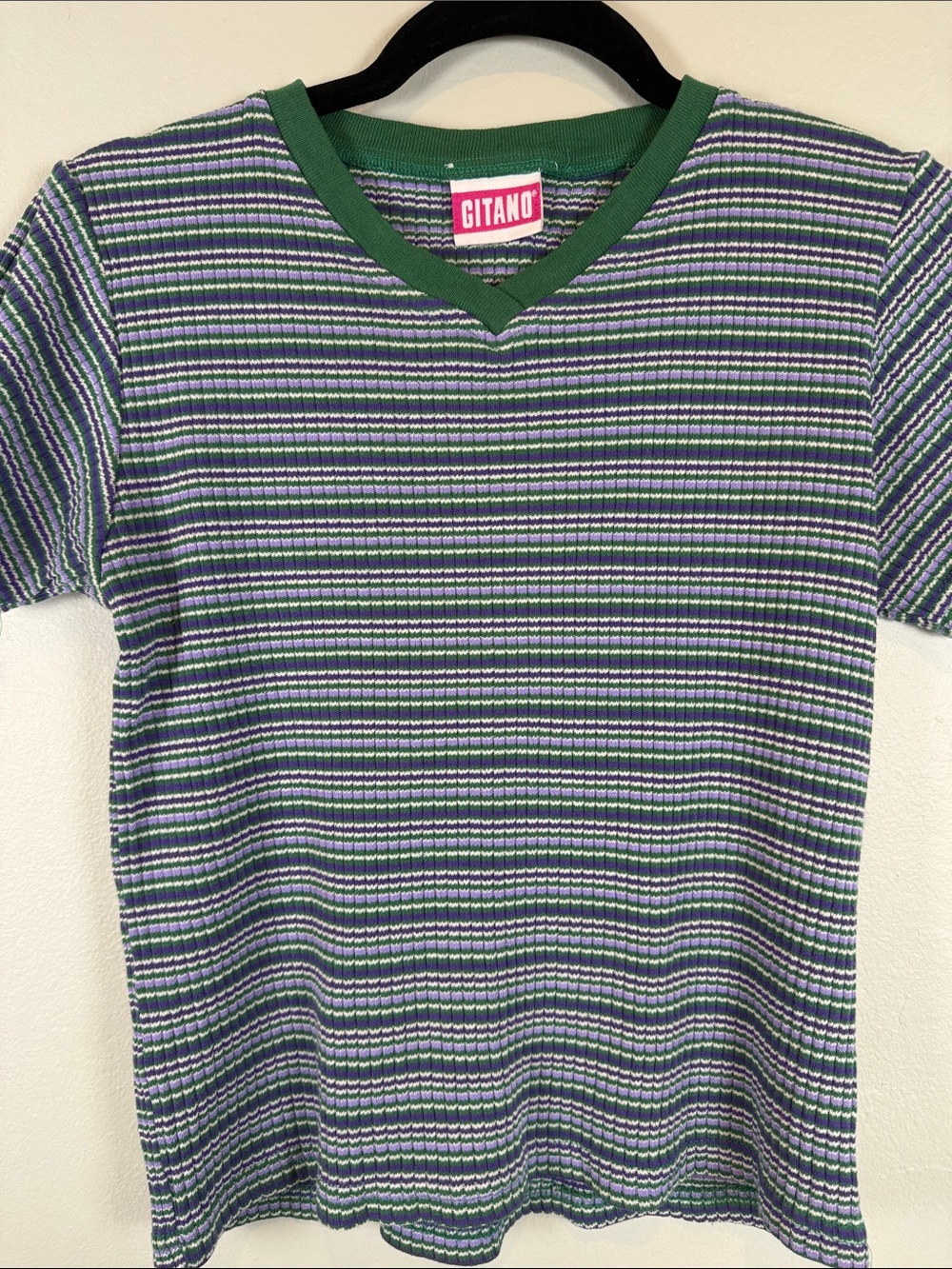 Vintage Gitano Striped V-Neck Ribbed Knit Shirt Green Purple Girls 14/16 Fits S